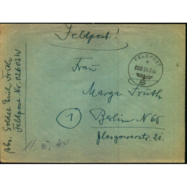 Tysk Feldpostbrev - Feldpoststempel 4 - 3 - 44 - Feldpost No. 02603 W - Til Berlin N. 65