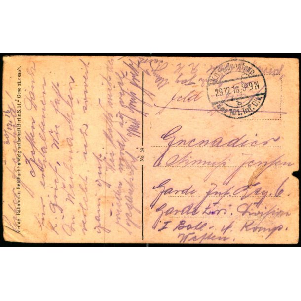 Feldpostkarte - K.D. Feldpostxped.   29 -12 -16 - Til Garde Inf. 6 - Billedside : Strasseleben.