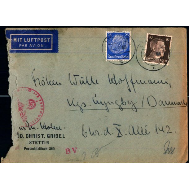 Luftpost - Censurbrev fra Tyskland  16 - 2 - 42 - Til Danmark