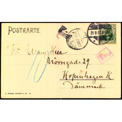 Efterporto - Postkort fra Tyskland  21 - 9 - 1907 - Efterporto 10 re.