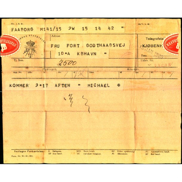 telegram - Danske Statstelegraf - Faaborg 1926 - K�benhavn