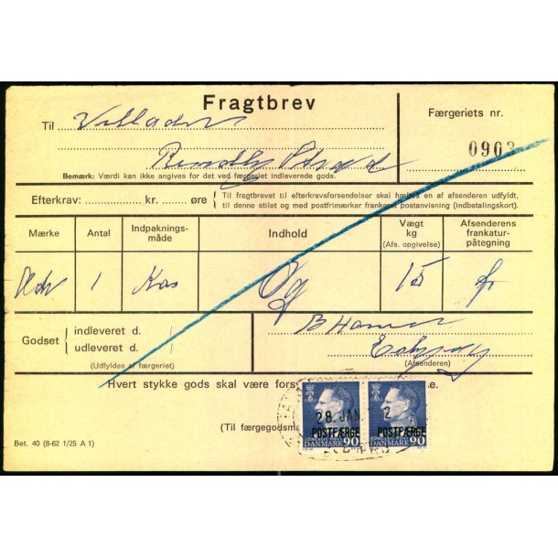 Fragtbrev - 2x 90 re Fr IX Prov. - Fra Esbjerg til Fan 28. Jan. ?