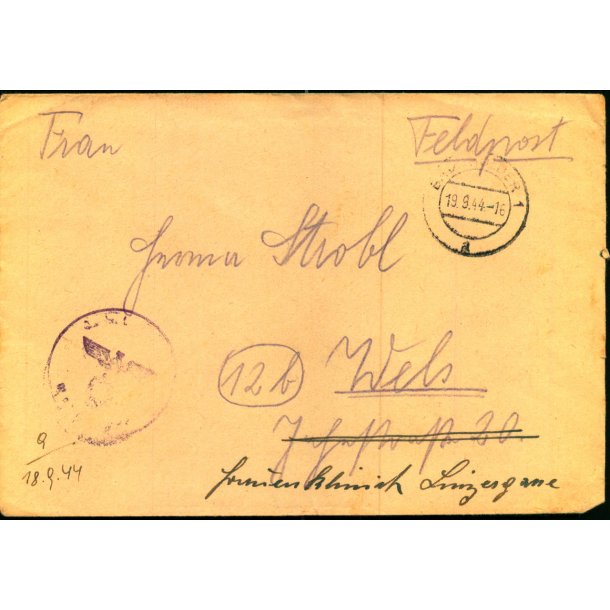 Tysk Feldpostbrev - Stempel ? - 19 - 9 - 44 - Feldpost No. ? - Til Wels