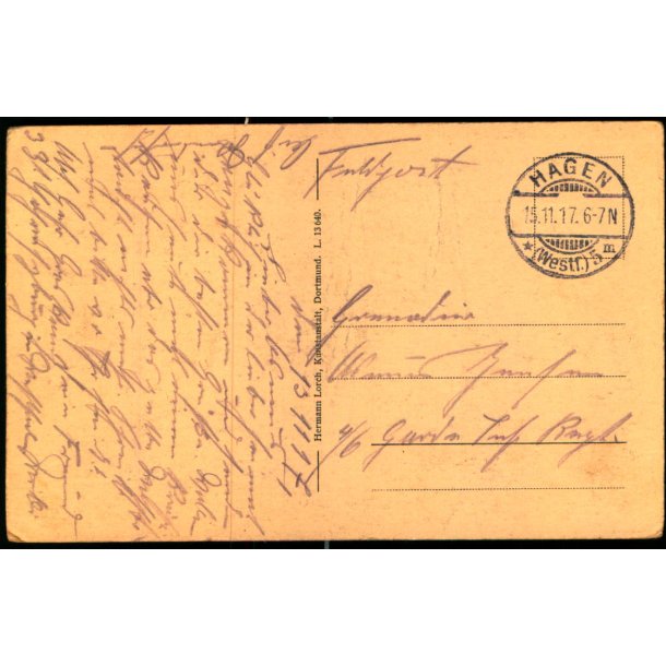 Feldpost - Hagen 13 - 11 - 17  - Til 4/6 Garta. - Billedside : Hoihensyburg