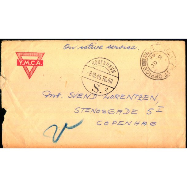 Efterkrigs Censurbrev - On active servise 8 - 10 - 46 - til Copenhag