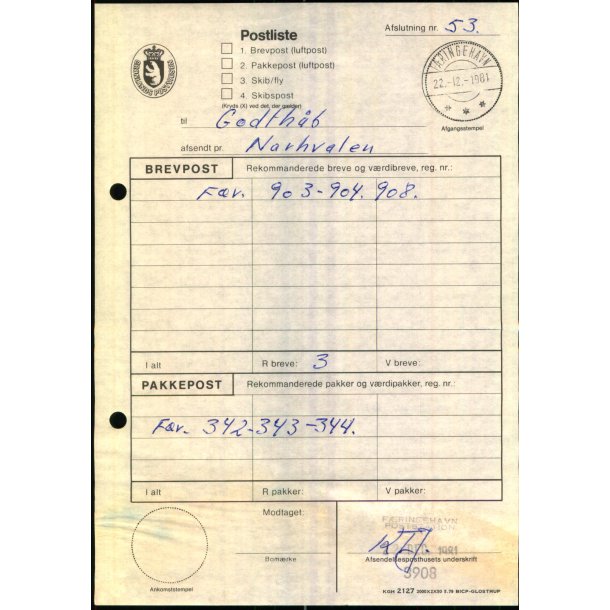 Postliste - afsendt med Narvalen til Godthb - Fringehavn 1981 - Grnlands Postvsen
