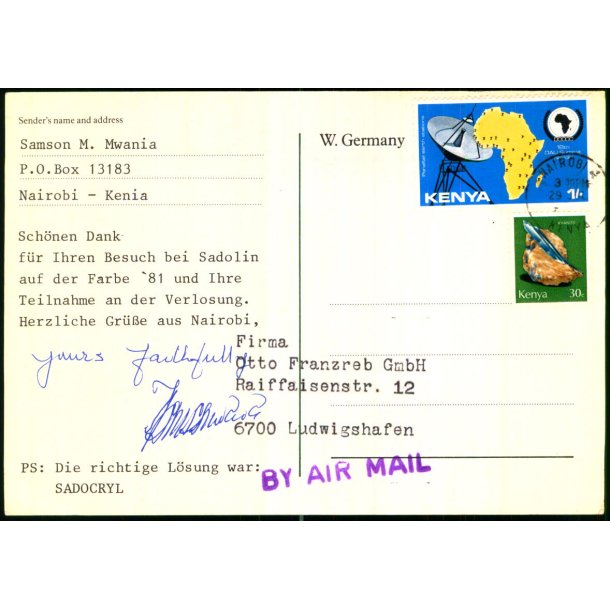Luftpost Postkort fra Kenya til Tyskland - 29 - 7 - ?
