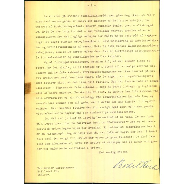 Autograf - Brev fra Kirkeminister Bodil Koch - (2 Sider)