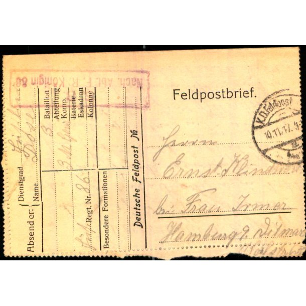 Feldpostbrev - 10 - 11 - 17 - Til Hamburg