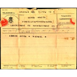 Telegram - Den Dansk Statstelegraf 1919 - Fra Kolding til Kbenhavn