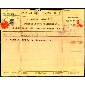 Telegram - Den Dansk Statstelegraf 1919 - Fra Kolding til Kbenhavn