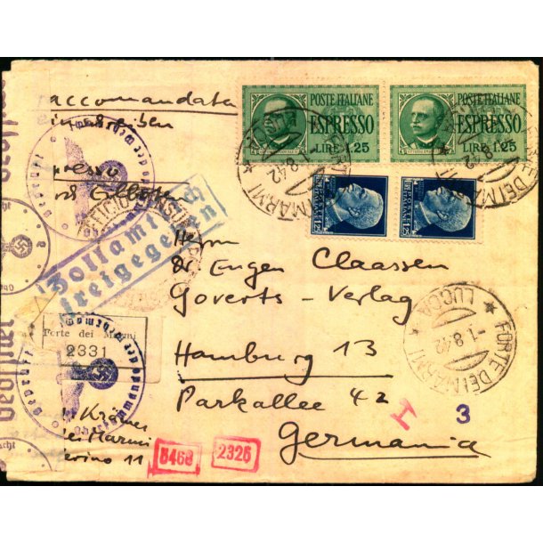 Rekomanderet - Censurbrev fra Italien  1 - 8 - 42 - Til Tyskland