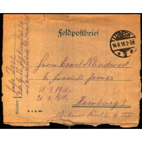 Feldpostbrev - 19 - 9 - 18 - Til Hamburg