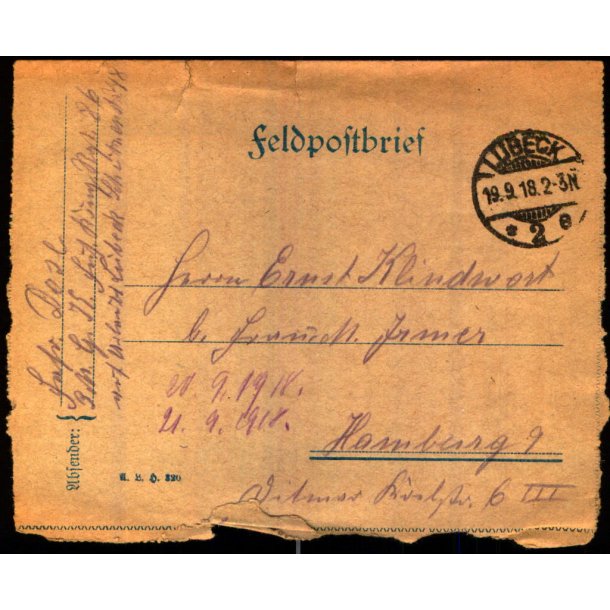 Feldpostbrev - 19 - 9 - 18 - Til Hamburg