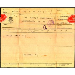 Telegram - Den Dansk Statstelegraf 1919 - Fra Aarhus til Kbenhavn