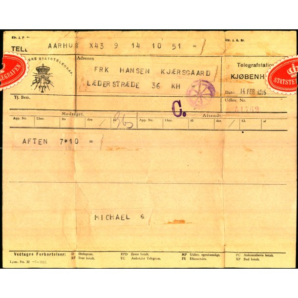 Telegram - Den Dansk Statstelegraf 1919 - Fra Aarhus til Kbenhavn