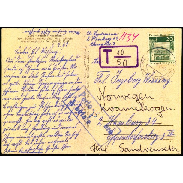 Efterporto - Postkort fra Tyskland til Norge - 8-7-69