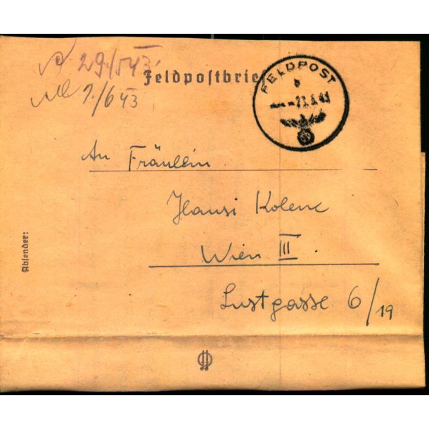 Tysk Feldpostbrev - Feldpoststempel   23 - 5 - 43  - Feldpost No. ? - Til Wien