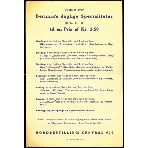 Bernina - Spisekort - Kbh.K.  - u/n - Brugt.