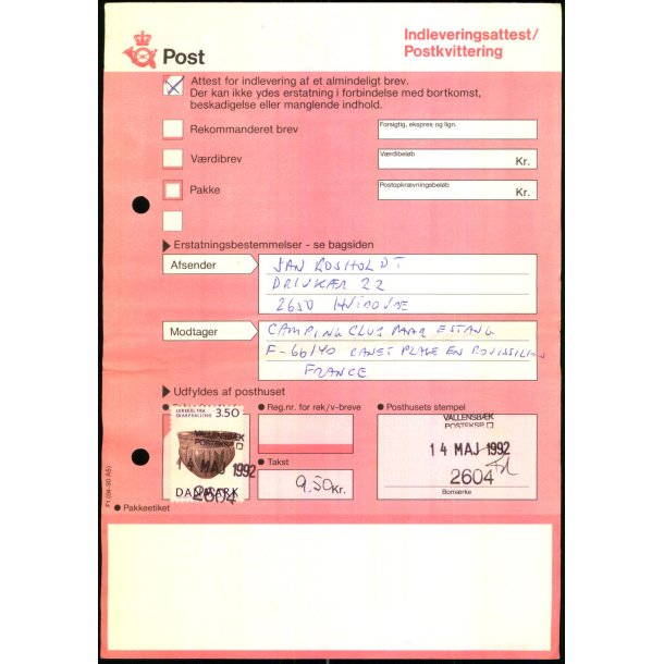 Postkvitering - 1 Brev - 14. Maj 1992 - 3,50 Kr.