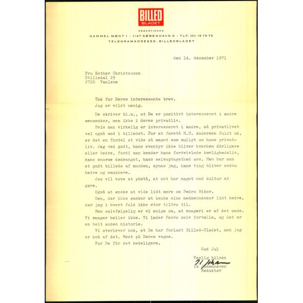 Autograf - Brev fra Ib Johannesen - 1971