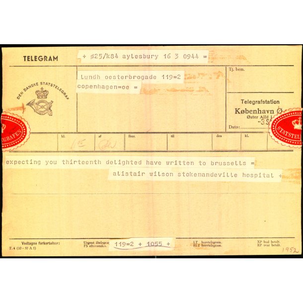 Telegram - Den Dansk Statstelegraf 1952 - Fra aylesbury