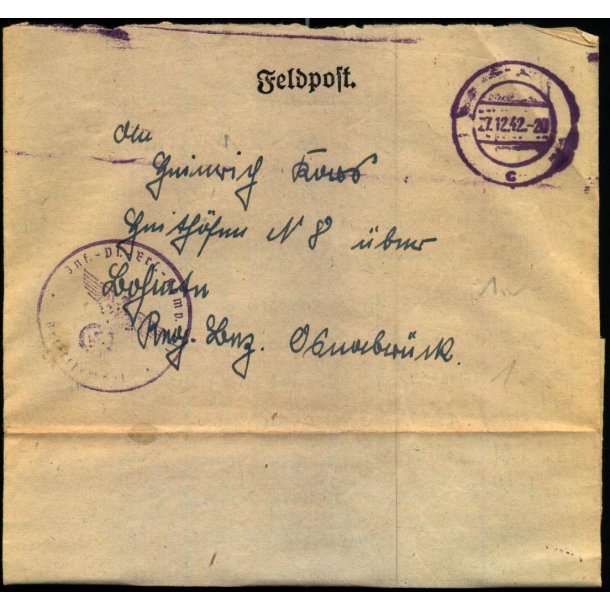 Tysk Feldpostbrev - Stempel uden navn 17 - 12 - 42 - Feldpost No. ? - Til ?