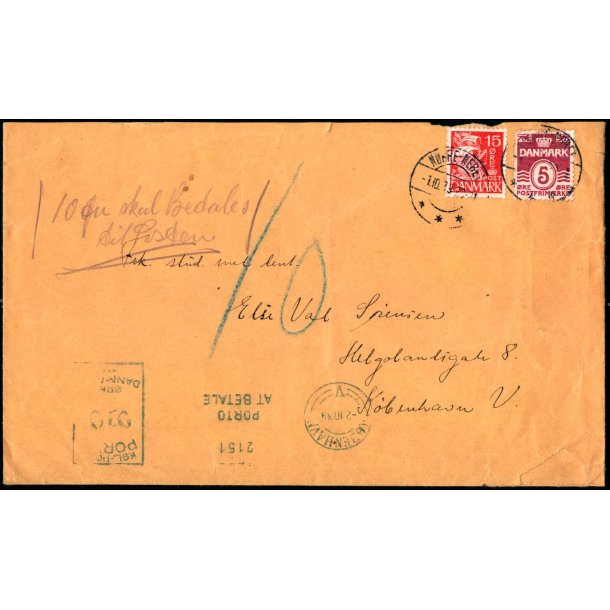 Efterporto - Brev fra Nrresundby 1 - 10 - 39   til Kbenhavn V.   - Efterporto 10 re