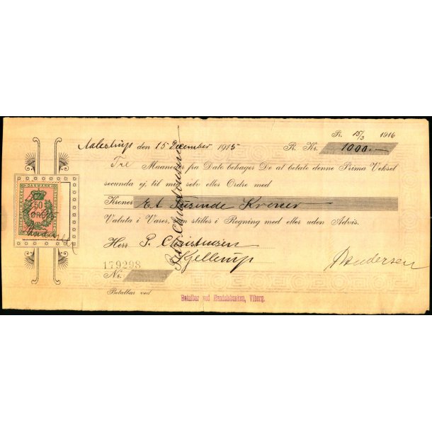 Handelsbanken Viborg - 1916 - Veksel 1000,- kr