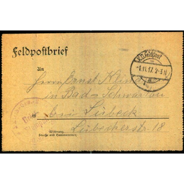 Feldpostbrief - 1 - 11 - 17 - Til Lbeek