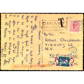 Efterporto - Postkort fra Belgien til Danmark  20 - 7- 1962