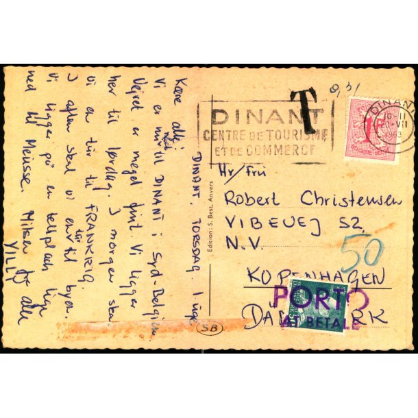 Efterporto - Postkort fra Belgien til Danmark  20 - 7- 1962