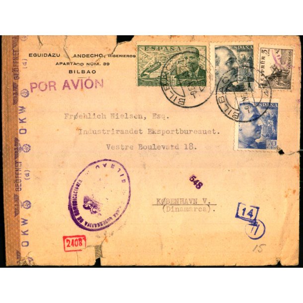 Luftpost - Censurbrev fra Spanien  9 - 11 - 43 - Til Danmark - Rifter !