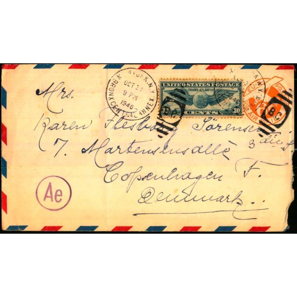 Luftpost Brev fra U.S.A. til Danmark - 21 - 10 - 1940 - Censureret
