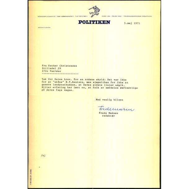 Autograf - Brev fra Frede Madsen - 1971