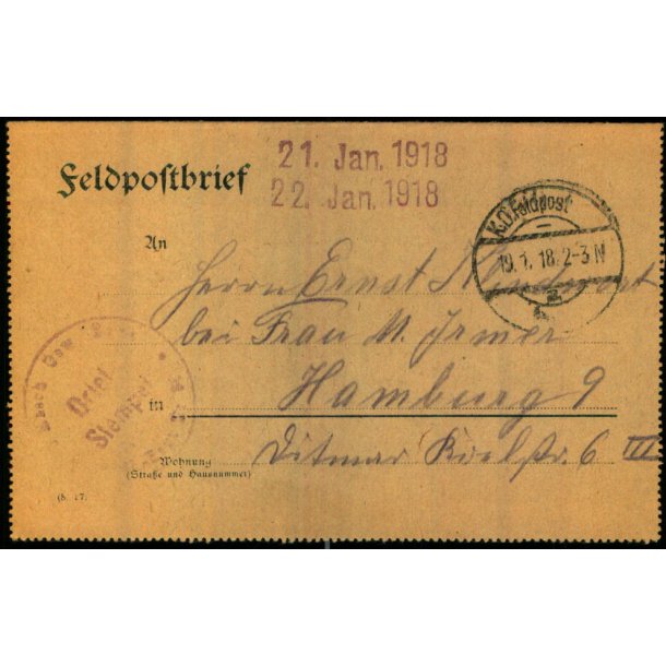 Feldpostbrev - 19 - 1 - 18 - Til Hamburg