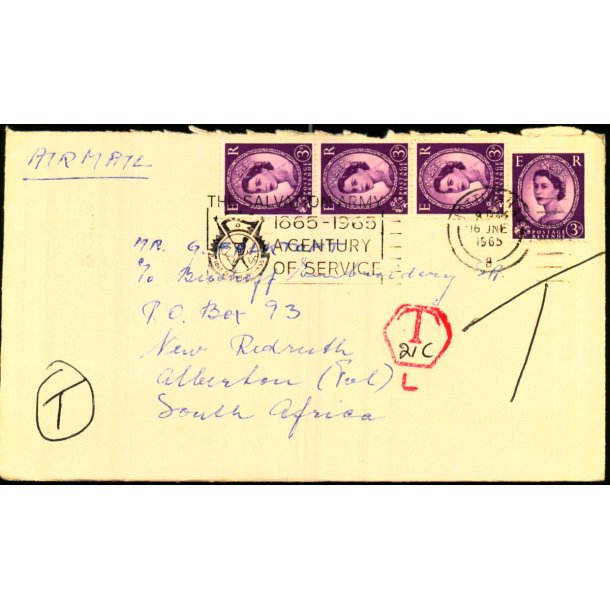 Efterporto - Brev fra England  19 - 6 - 1965 - Efterporto T 21 C.