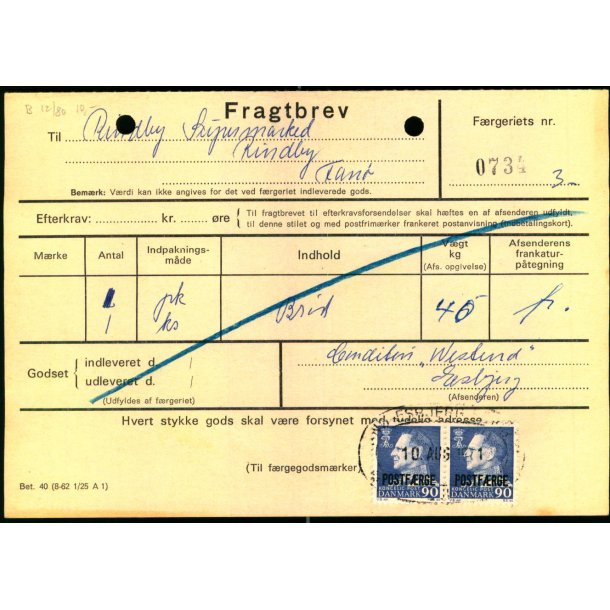 Fragtbrev - 2x 90 re Fr IX  Prov. - Fra Esbjerg til Fan 10. Aug. 1971  - Arkivhuller !