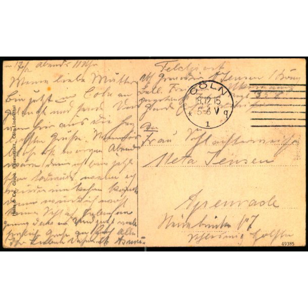 Feldpost - Cln 18 - 12 - 15  - Til Apenrade - Billedside : Cln a Rh.