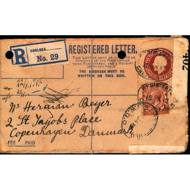 Rekomanderet Censurbrev fra England.  15 - 1 - 17 - Til Kbenhavn