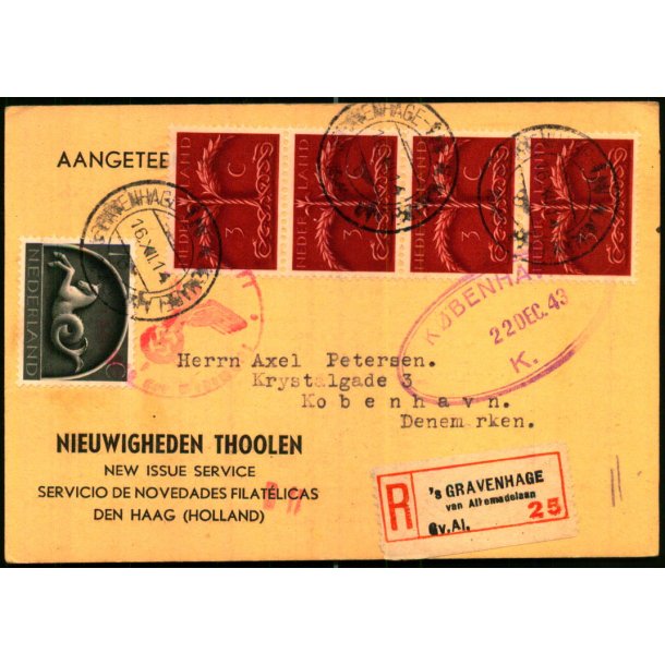 Rekomaderet - Censurpostkort fra Holland  22 - 12 - 43 - Til Danmark