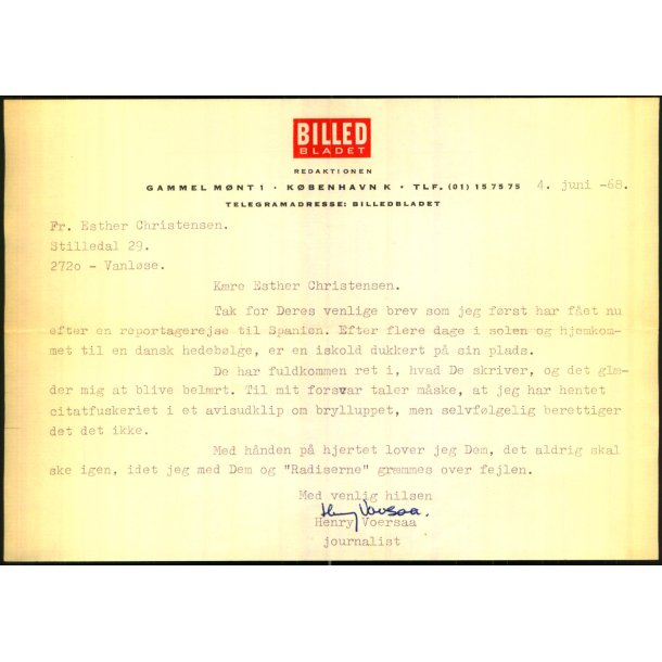 Autograf - Brev fra Henry Voersaa - 1968