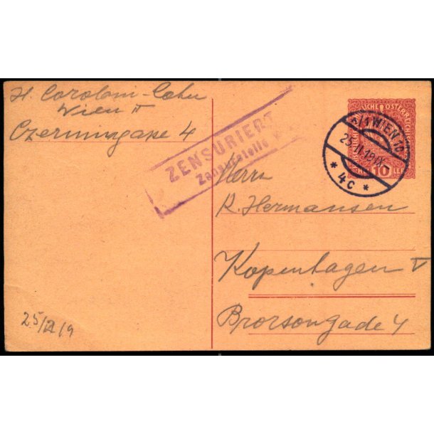 Censurpostkort fra strig  25 - 11 - 19 - Til Kbenhavn