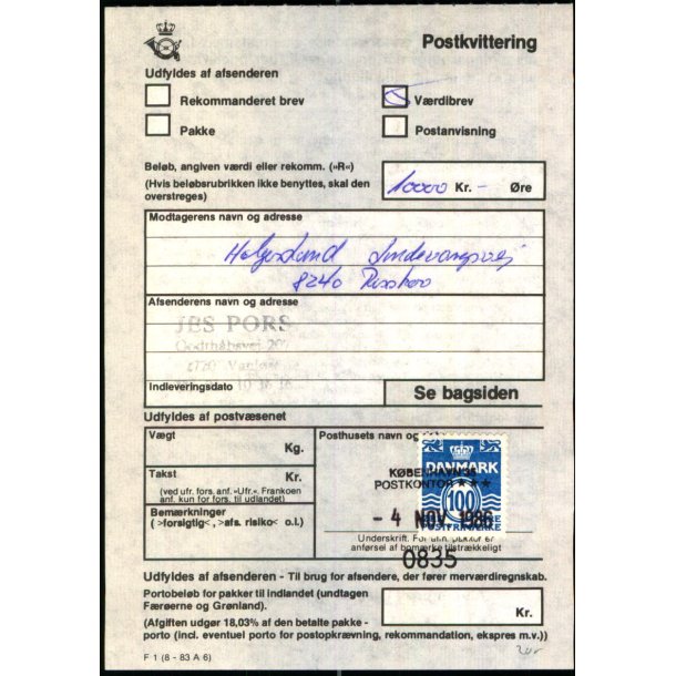 Postkvittering - Vrdibrev - 4 - 10 - 86