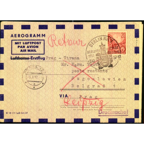Luftpost Brev fra D.D.R. til Jugoslavien - Poste restante - Retur 8 - 10 - 57