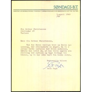 Autograf - Brev fra Erik Pagh - 1968