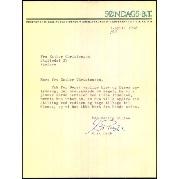 Autograf - Brev fra Erik Pagh - 1968