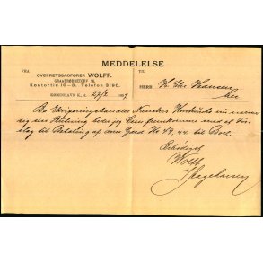 Meddelelse fra Overretssagf�rer Wolff - K�benhavn K - 1897