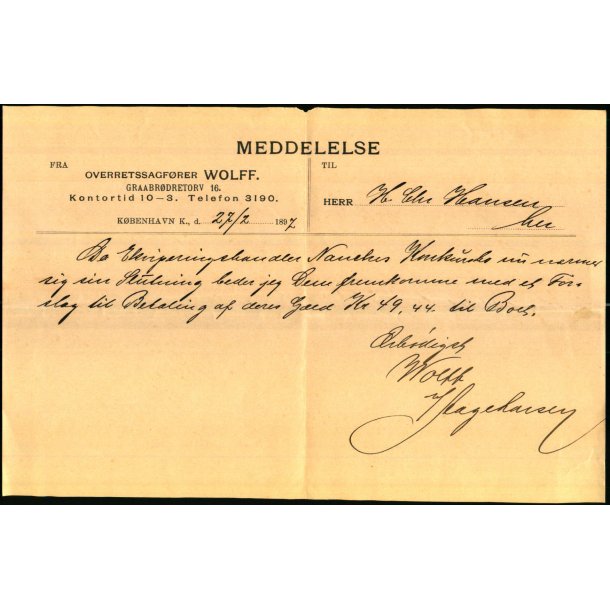 Meddelelse fra Overretssagf�rer Wolff - K�benhavn K - 1897