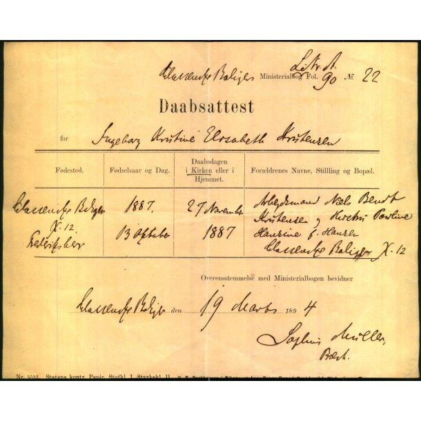 Daabsattest - Ingeborg Kristine Elisabeth Kristensen - 1887